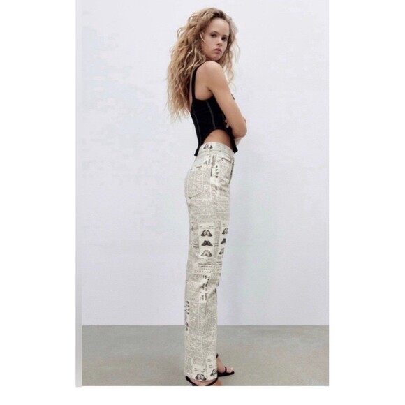 Zara Newspaper & Butterfly Straight-Leg Jeans — White/Black - Picture 6 of 9